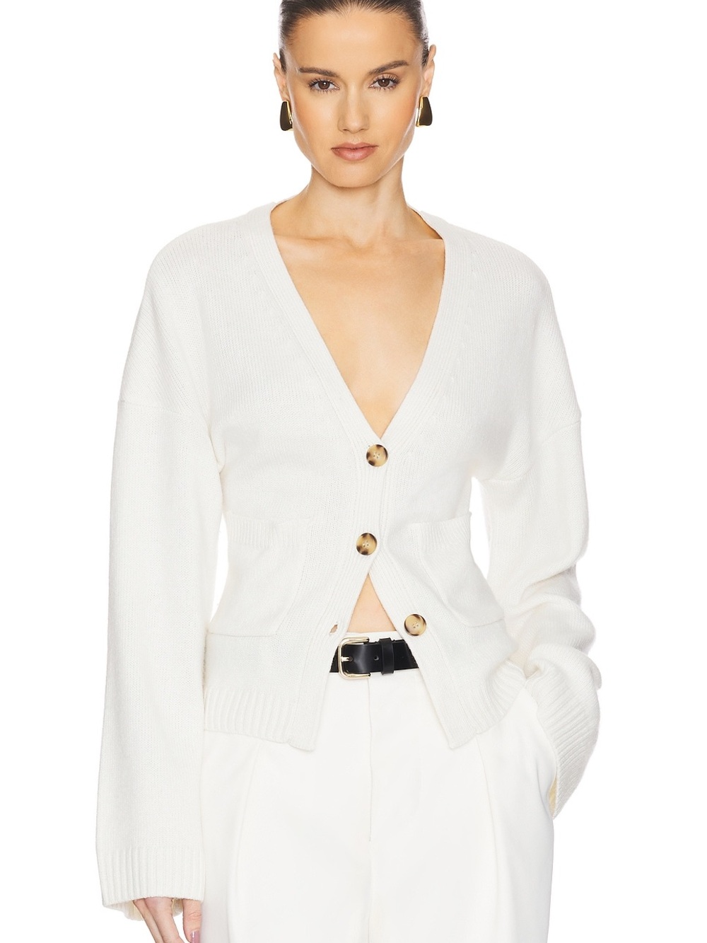HELSA Cream V-Neck Sanna Button Front Women's Sweater Cardigan